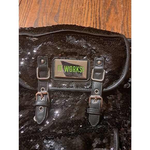 It Works Black Sequin Leather Adjustable Backpack Two Outer Side Compartments - Picture 2 of 8
